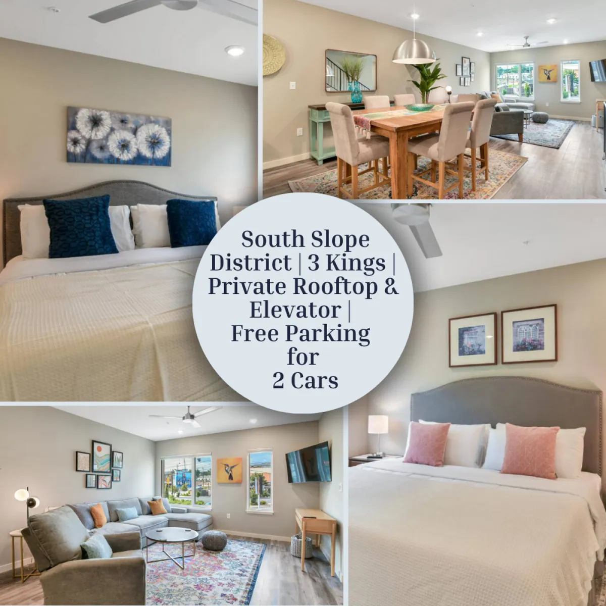 The hero image showcases a bright, contemporary open-plan living space featuring a stylish dining area, plush king-sized beds, modern decor, and curated artwork. The scene is inviting and comfortable, offering a glimpse of an ideal gathering place for friends or families to relax and create lasting memories in a sleek downtown setting.